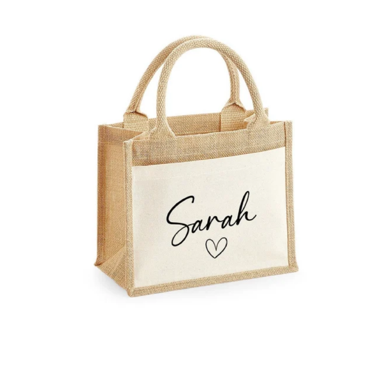 Personalised Jute Lunch Bag with Name & Heart
